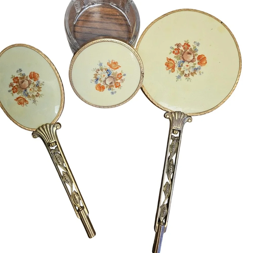Vintage 3pc Vanity Set Floral Enamel Gold Filigree Mirror Brush Crystal Jar